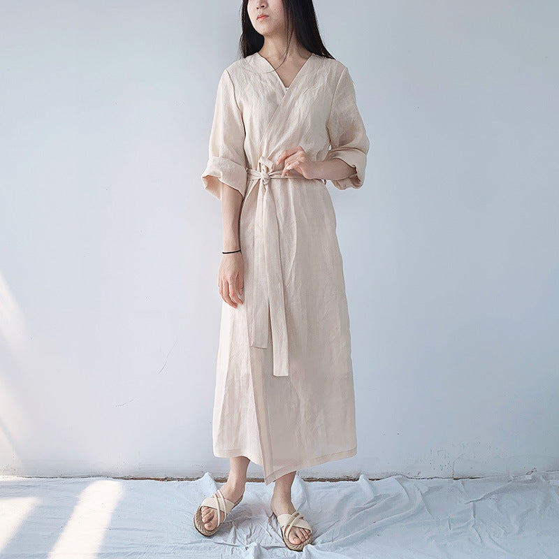 100 Percent Ramie Linen Wrap Dress with Belt and V Neck, Blouse Dress Tunic 231846s