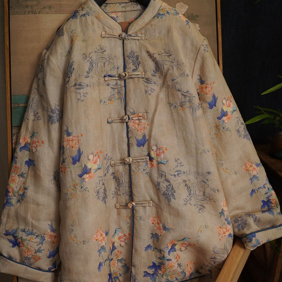 Linen Cotton Women Quilted Chinese Jacket with Vintage Floral Print and Traditional Chinese Buttons 240114w