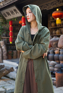 Ramie Linen Cotton Women Long Jacket with Hood 203919l