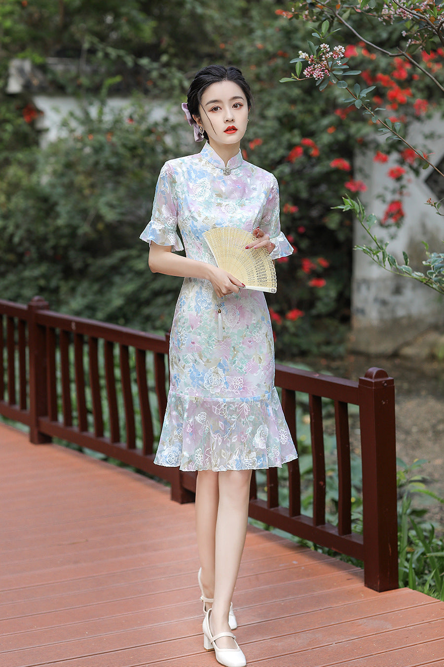 Floral Lace Cheongsam Midi Dress with Half Sleeve HQ2990