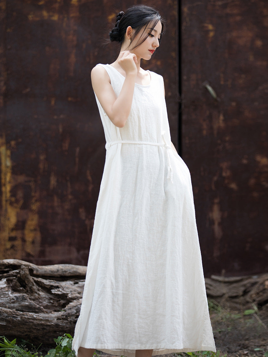 Linen Cotton Sleeveless Wrap Dress with Pockets, women overall, women linen dress 231225h