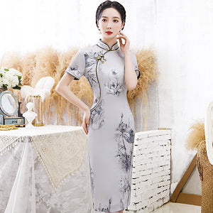Lotus Print Cheongsam Midi Dress with Short Sleeves STB1058