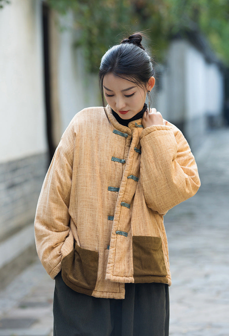 Linen Cotton Women Quilted Jacket with Cord Pockets, Chinese style Hanfu 221412g