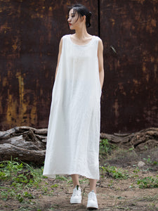 Linen Cotton Sleeveless Wrap Dress with Pockets, women overall, women linen dress 231225h