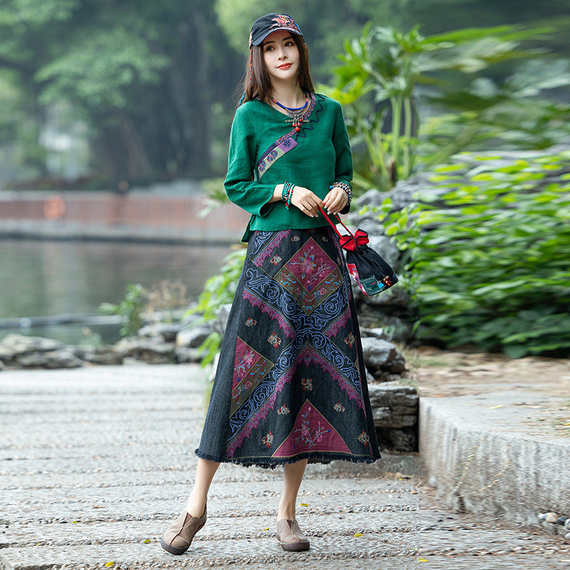 Patchwork Maxi Skirt with Yunnan Embroidery 220129b