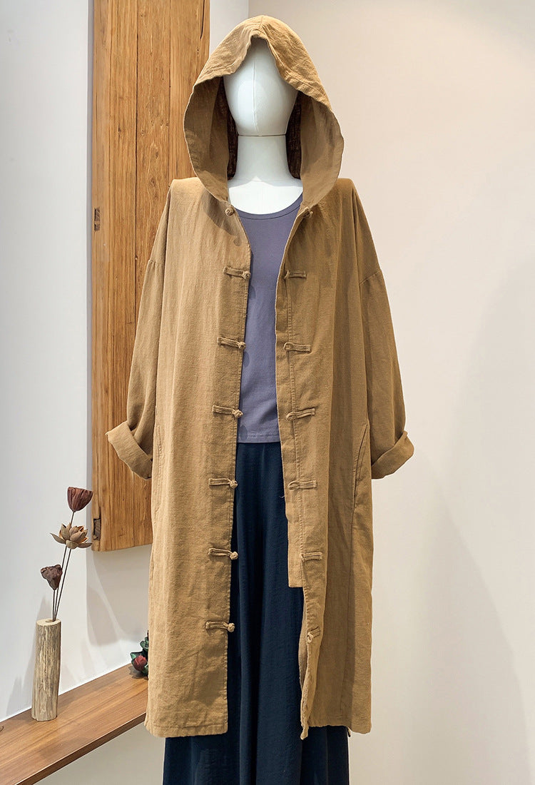 Ramie Linen Cotton Women Long Jacket with Hood 203919l