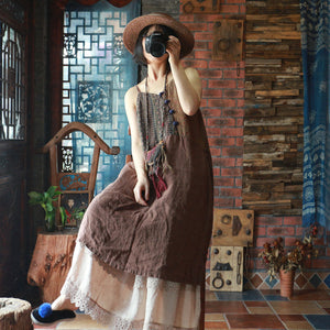 Linen Cotton Patchwork Dress women in Hanfu style, linen overall, Linen Women Dress 230042s