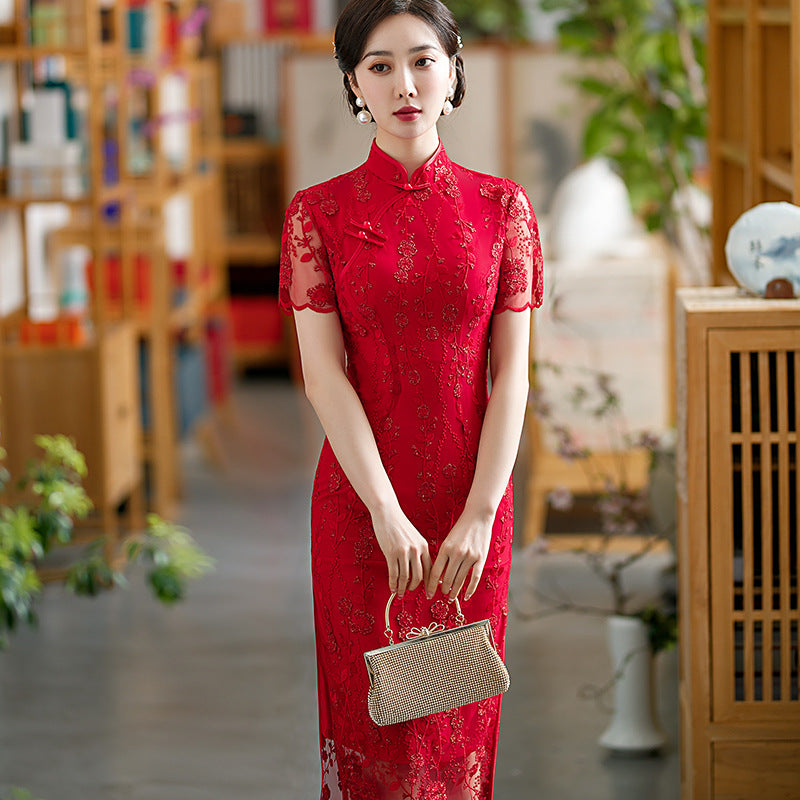 Red Lace Cheongsam Wedding Dress, Party Dress with Short Sleeves STB2155