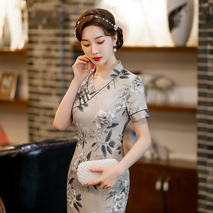 V Neck Floral Printed Cheongsam Midi Dress with Short Sleeves STB2049