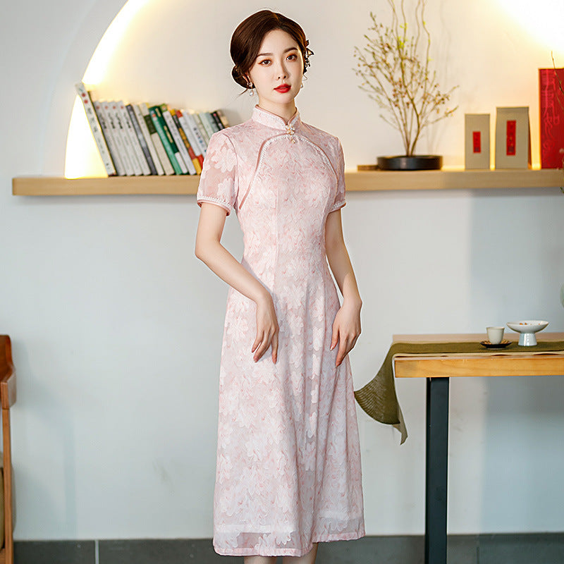 Pink Floral Print Cheongsam Midi Dress with Short Sleeves STB2076