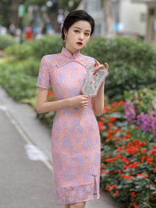 Asymmetric Floral Lace Cheongsam Midi Dress with Short Sleeve HQ2098