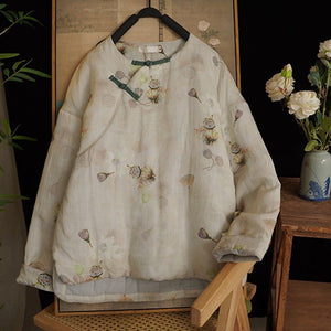 Linen Cotton Women Quilted Chinese Pullover with Vintage Print and Traditional Chinese Buttons 240108w