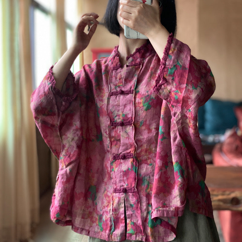 100% Linen Women Blouse with Vintage Pattern and Chinese vintage buttons 230938