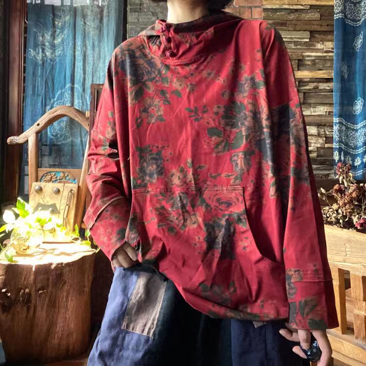100% High Quality Cotton Women Blouse with Hood and Vintage Print 231041w