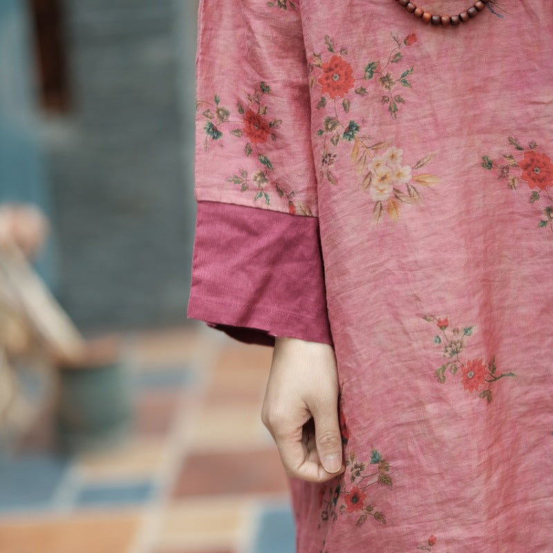 100% Linen Women Tunic with Floral Pattern in Hanfu Style, Linen Dress 232333