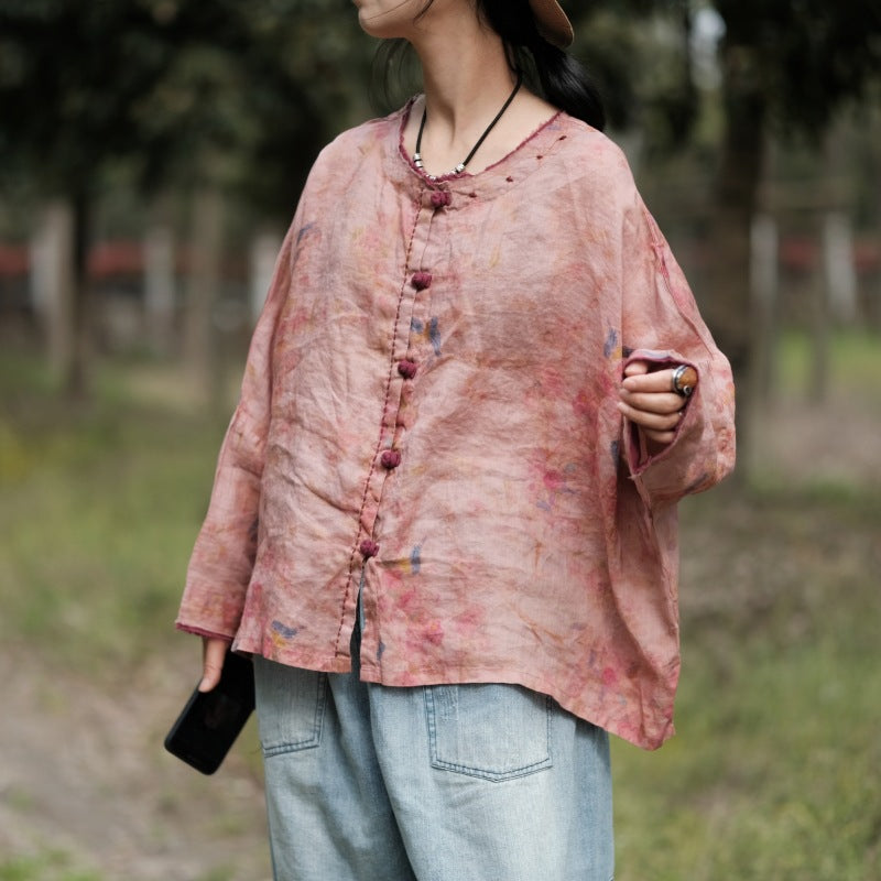 100% Linen Women Blouse with Floral Pattern and Chinese vintage buttons 232325s