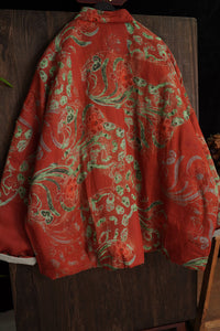 Linen Cotton Women Quilted Chinese Pullover with Vintage Floral Print and Traditional Chinese Buttons 240130w