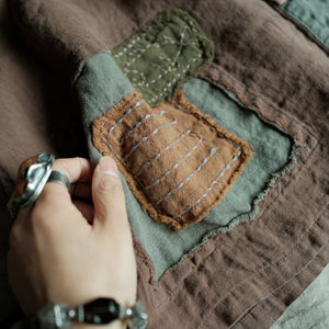 100% Linen Vintage Style Women Shirt Open Jacket with Patchwork Design 231349h