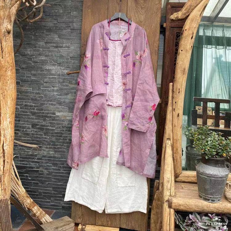 100% Ramie Linen Women Long Blouse with Floral Print and Long Sleeves, Linen women blouse 231327a
