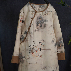 Wearable Beauty Linen Cotton Women Quilted Chinese Tunic with Vintage Print and Traditional Chinese Buttons 240112w