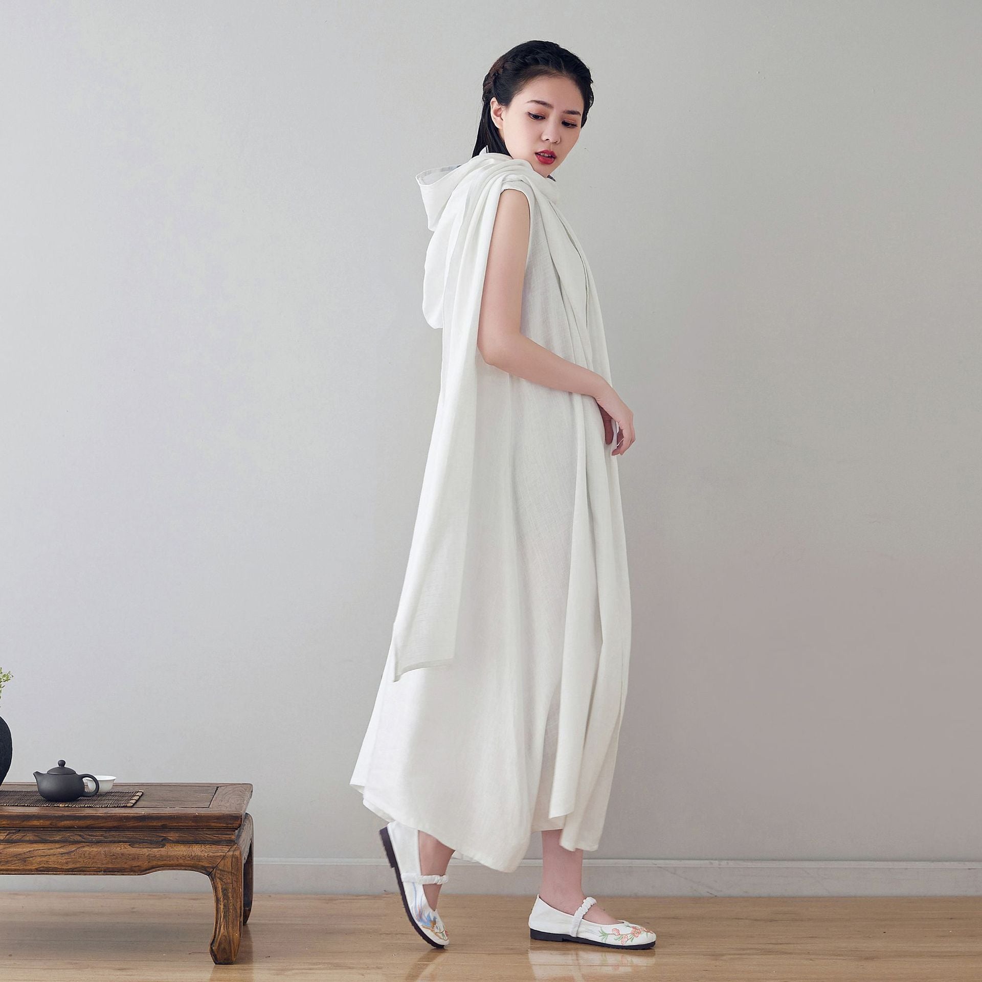 Linen Cotton Dress with Hood, Linen Hoodie Dress LIZIQI inspired 220521c